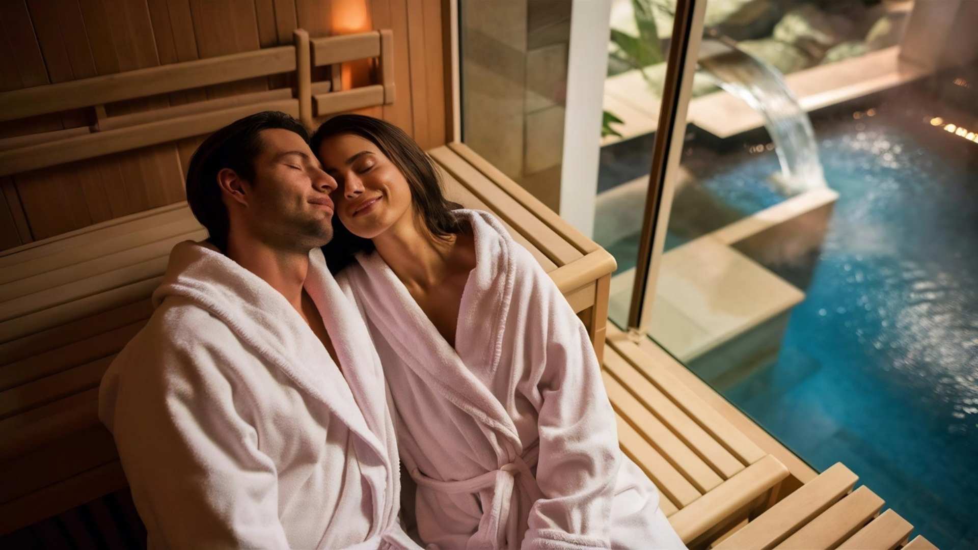 Entspanntes Paar im Spa-Bereich in weißen Bademänteln mit Blick auf einen Pool.