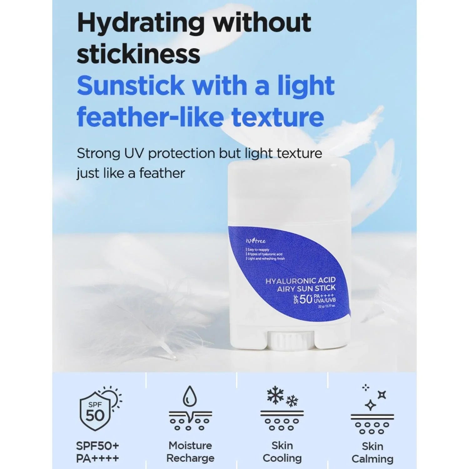 ISNTREE Hyaluronic Acid Airy Sun Stick SPF50+ PA++++ - Federleichter, Feuchtigkeitsspendender Sonnenschutz für Unterwegs, Ideal für Empfindliche Haut, 8 Arten von Hyaluronsäure, 22g, 1x Sonnenstick - DaniChou-Store