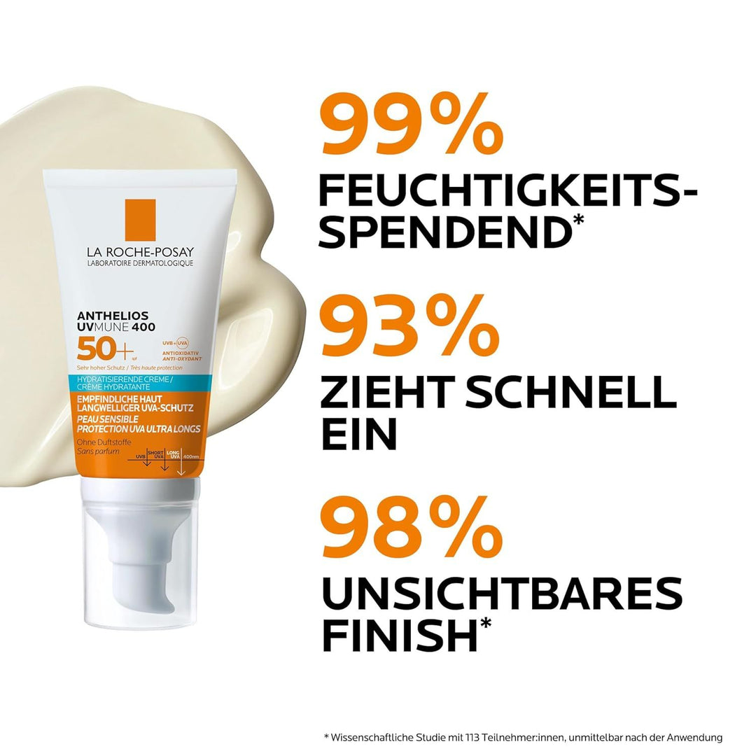 La Roche Posay Anthelios Hydratisierende Creme UVMune 400 LSF 50+ 50 ml - Schützende Sonnencreme, Feuchtigkeitsspendend, Dermatologisch getestet, Wasserfest