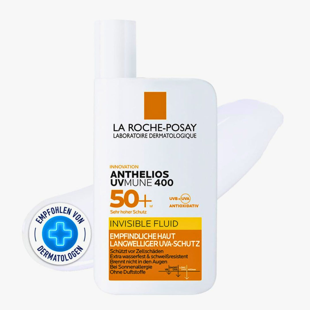 La Roche Posay Anthelios Invisible Fluid UVMune 400 LSF 50+, innovative Sonnencreme empfindliche Haut, mexoryl 400, leichter Schutzfilm, wasserfest, Make-up-Unterlage