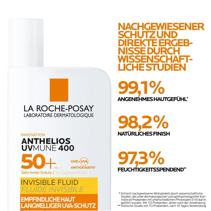 La Roche Posay Anthelios Invisible Fluid UVMune 400 LSF 50+, innovative Sonnencreme empfindliche Haut, mexoryl 400, leichter Schutzfilm, wasserfest, Make-up-Unterlage