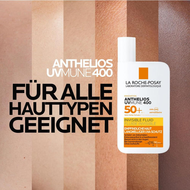 La Roche Posay Anthelios Invisible Fluid UVMune 400 LSF 50+, innovative Sonnencreme empfindliche Haut, mexoryl 400, leichter Schutzfilm, wasserfest, Make-up-Unterlage