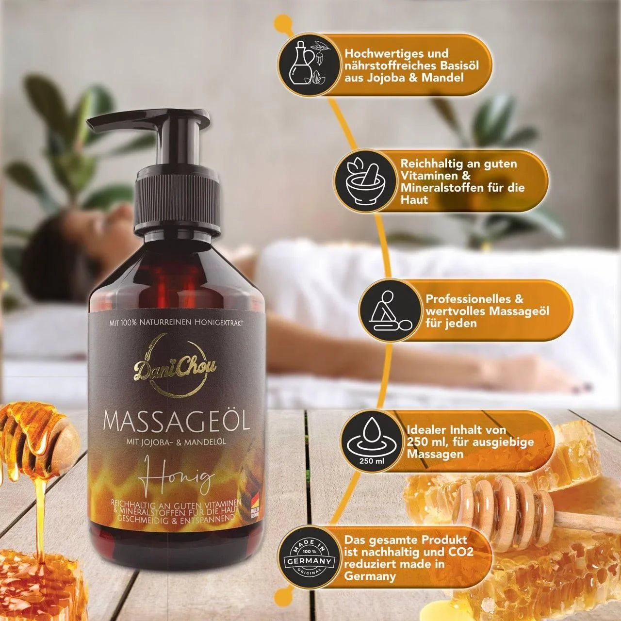 Massageöl Honig, 250ml mit Jojobaöl &amp; Mandelöl