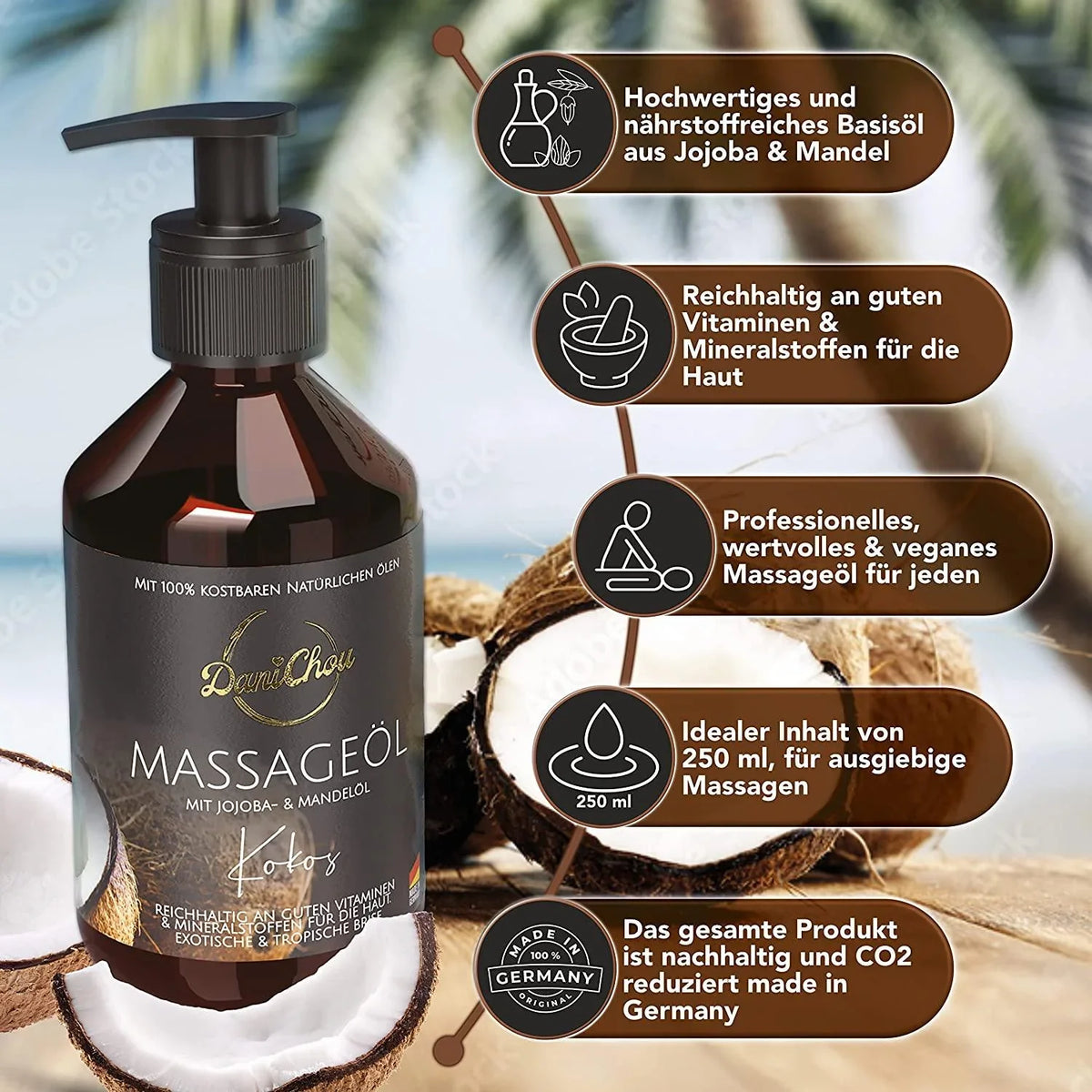 Massageöl Kokos, 250ml mit Jojobaöl &amp; Mandelöl - DaniChou-Store