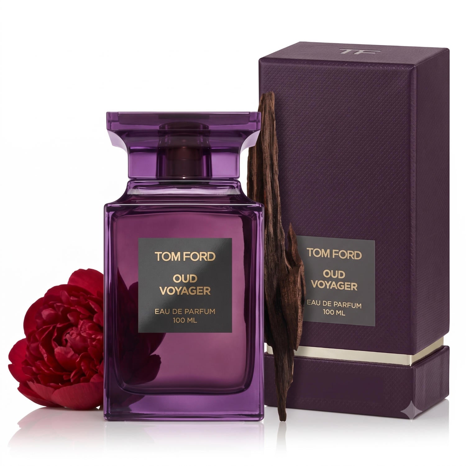 Tom Ford Oud Voyager Eau de Parfum 100 ml Flakon und Verpackung mit Oudholz und roter Pfingstrose